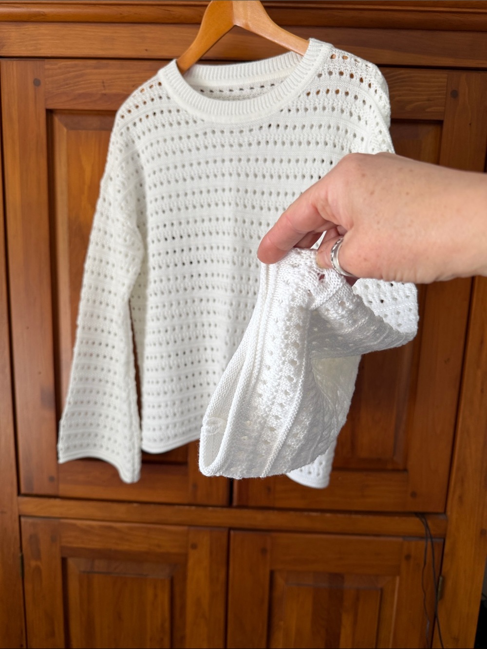Textured Open-Knit White Sweater